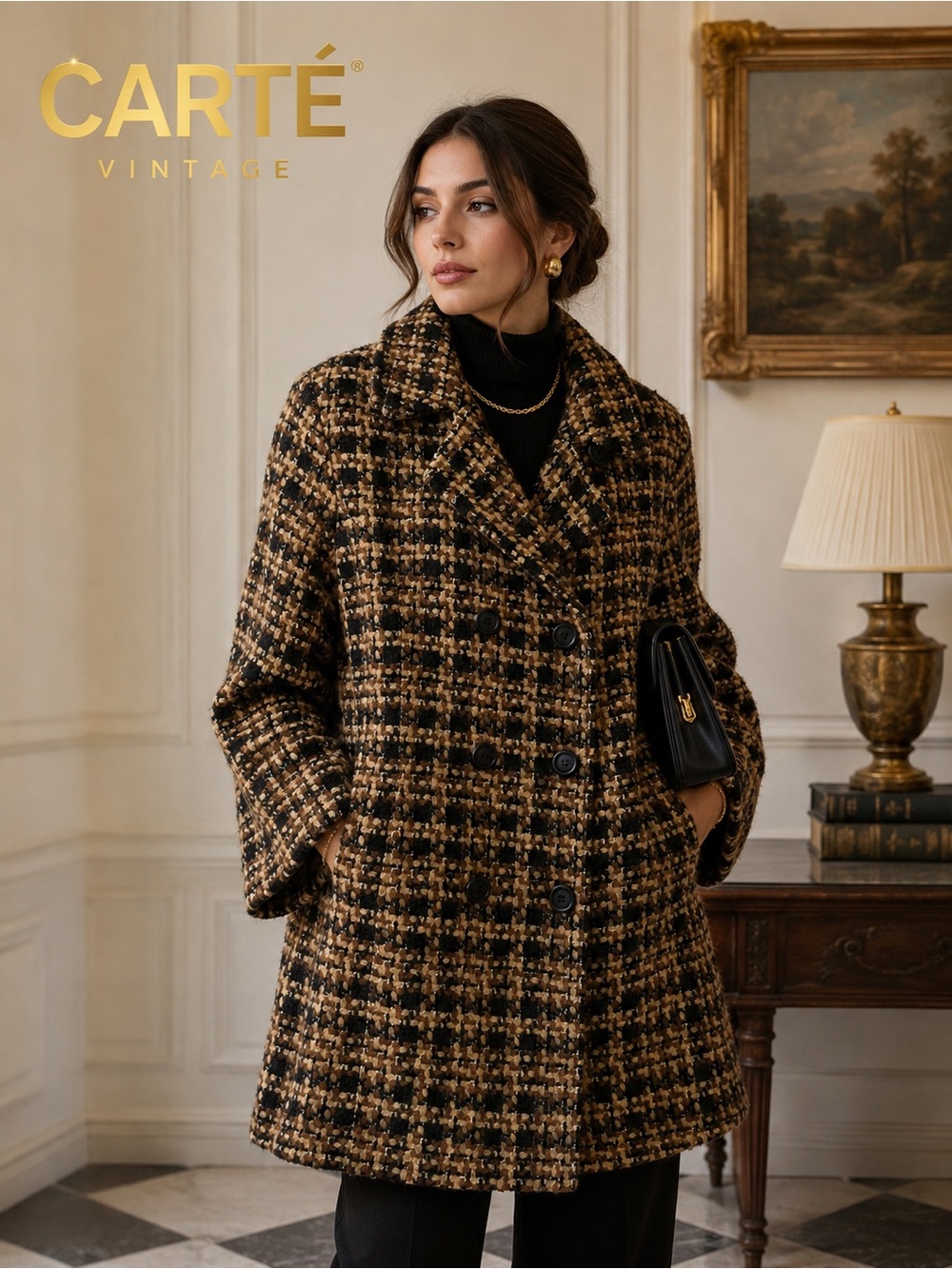 Vintage Carté Wool Blend Tweed Double Breasted Coat Brown Black Size M